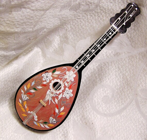 Vintage Mandolin Music Box With Bird and Flower Design.