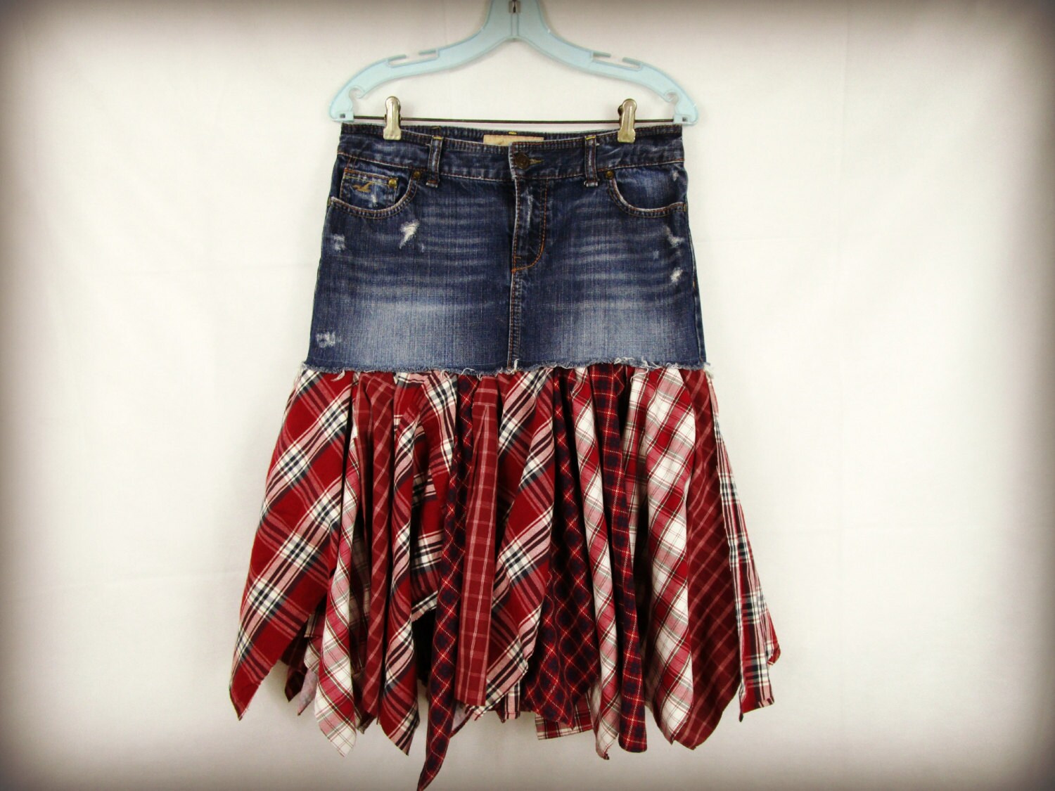 SM Denim Red Plaid Bohemian Skirt// Upcycled Boho// by emmevielle