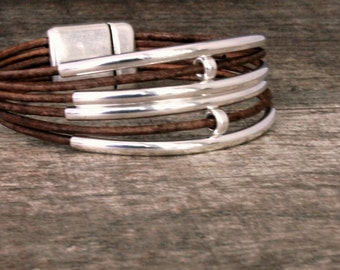 Leather Bracelet/Sterling silver bracelet/ Cuff/ Bangle/Chic/ Contemporary/Eco Friendly leather/Iseadesigns