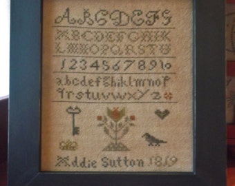 Completed Cross Stitch Primitive Addie Sutton Sampler, finished stitch, Schoolgirl sampler,Folk Art Primitive