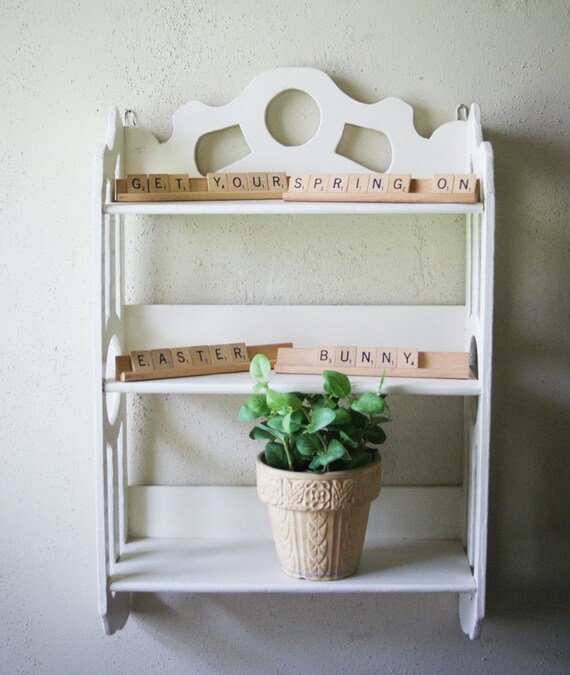 Vintage Wall Shelf Painted White 3 Tier Cottage Decor