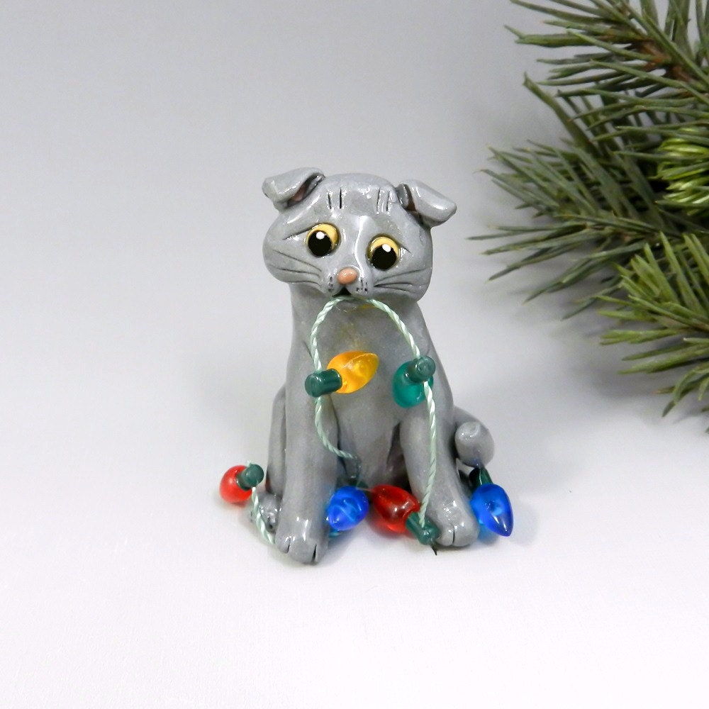 Scottish Fold Gray Cat Ornament Christmas Lights Porcelain