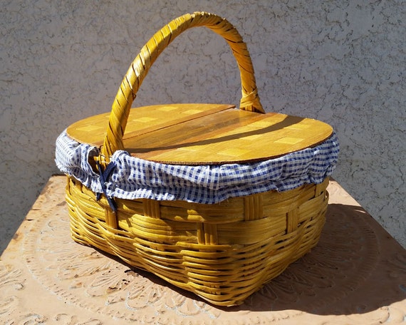 Wooden Picnic Basket with Double-Hinged Woven Wood by MysticLily