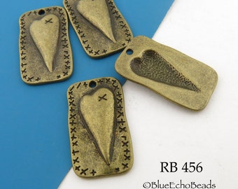 27mm Folk Art Style Heart Charm Rectangle Antique Brass Charm (RB 456) 4 pcs BlueEchoBeads