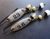 Order and Harmony. Rustic assemblage art earrings with white enameled plaques. 36/23