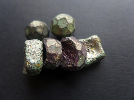 Sparkle Babies. Greenish iridescent polymer art beads- three earring pairs with facets and grungy texture.