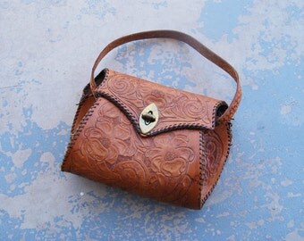 vintage 40s Purse - 1940s Brown Tooled Leather Western Purse