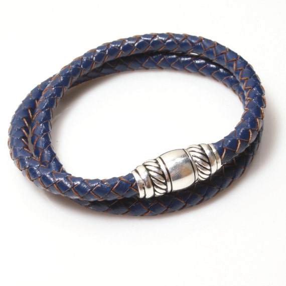 Navy Blue Leather Bracelet / Braided Leather by BornInBrooklyn