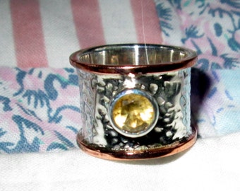 RING -Wide - CITRINE - DETAILED - Copper edged - 925 - Sterling Silver ...