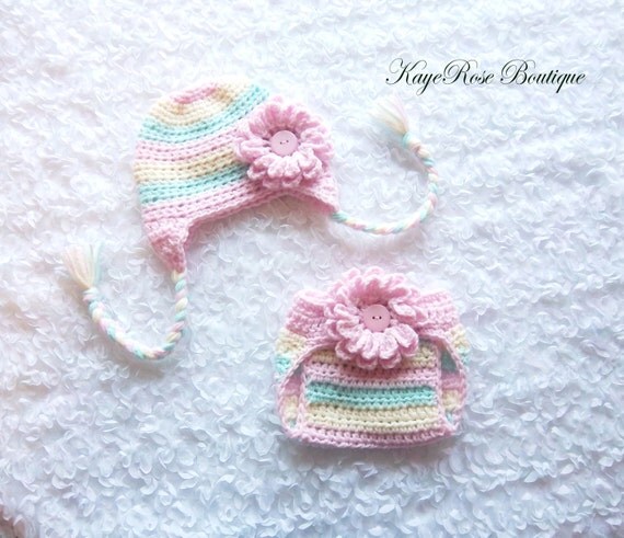 crochet newborn size pattern diaper cover Diaper Crochet and Baby Flap Flower Hat Girl Ear Set Newborn Cover