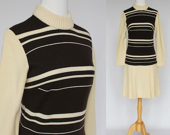 60's Mod Scooter Dress / Wool Jersey Drop Waist Dress / Pleated Skirt / Brown Stripe / XSmall to Small