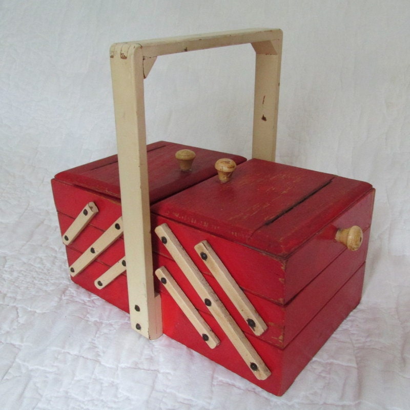 Antique Accordion Sewing Box Red and Offwhite Wood