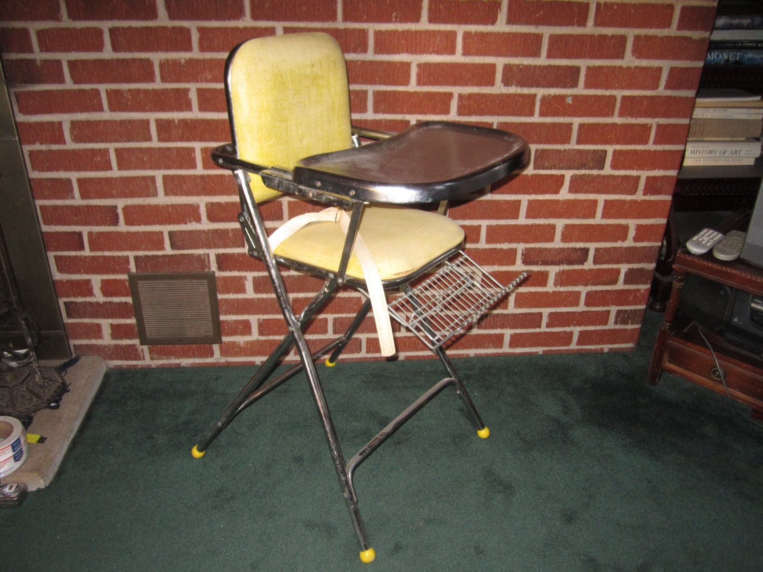 Vintage 1950s Collapsible Metal High Chair with Yellow Vinyl