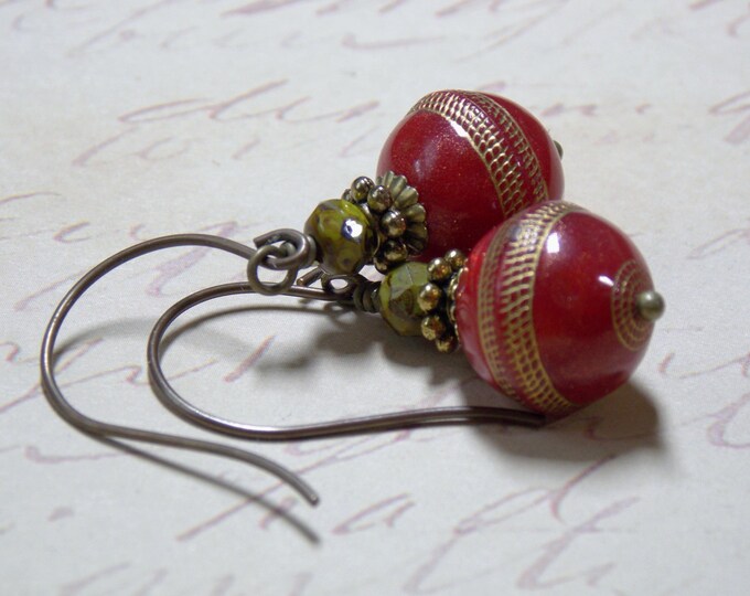 Red Earrings Vintage Red Gold Round Beads Sparkle Gold Shimmer Holiday Earrings Mossy Green Rustic Stones Woodland Bohemian Earrings