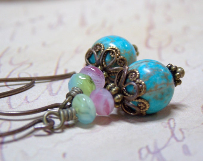 Czech Glass Earrings Boho Earrings Turquoise Earrings Pink Green Blue Earrings Vintage Style Dangle Drop Gift Small Light Dainty Earrings