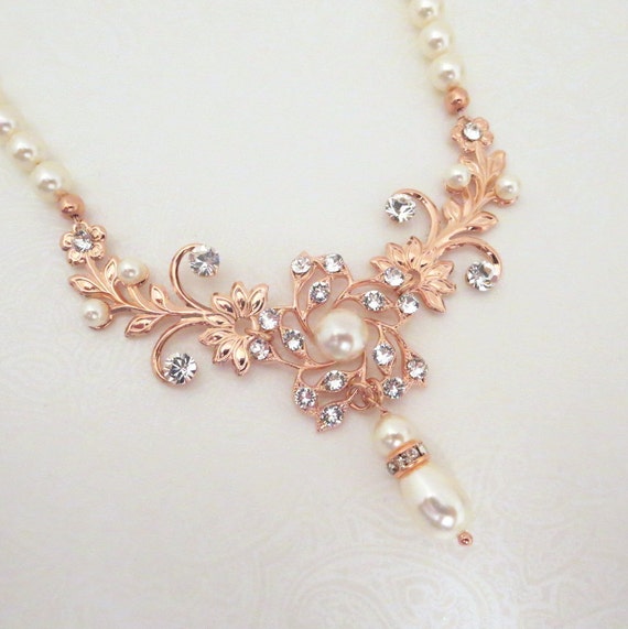 Rose Gold Bridal necklace, Pearl Wedding necklace, Wedding jewelry
