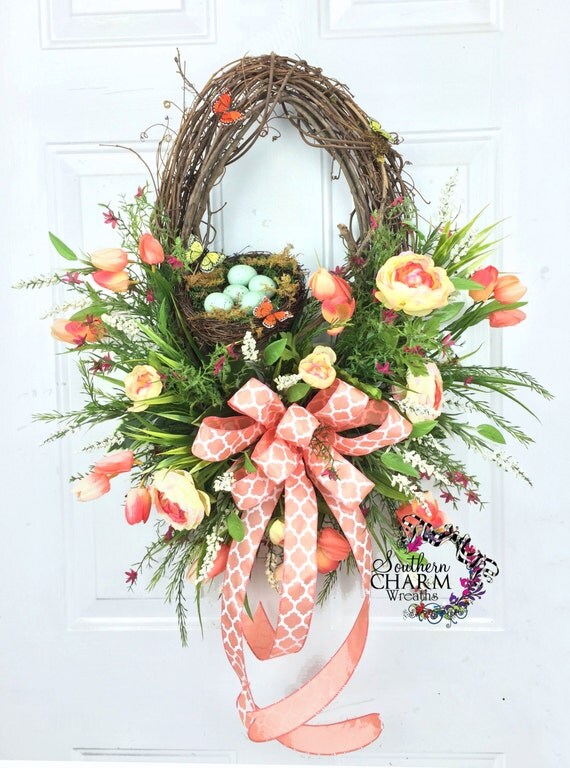 Silk Flower Spring Wreath with Nest and by SouthernCharmWreaths