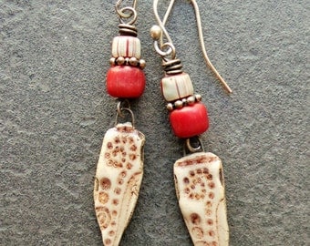 TRAIL - ceramic, trade beads, red, sterling silver, tribal, primitive, boho, chic, striped, earrings