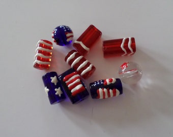Patriotic Red White Blue Flag Lampwork Glass Beads