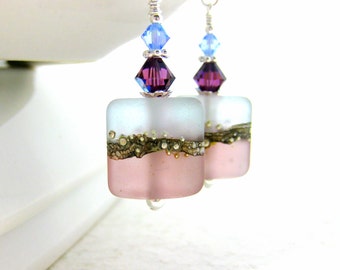 Purple Blue Rectangle Earrings, Etched Glass Earrings, Pastel Earrings, Lampwork Earrings, Dangle Earrings, Modern Earrings, Contemporary