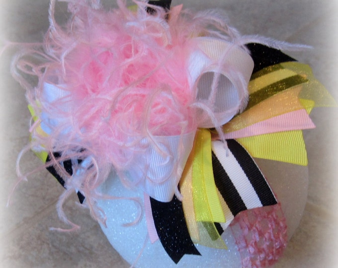 Over the Top Hair Bow, OTT Bow, Yellow Striped Hairbow, Large Hairbow, Girls Headband, big baby headband, large hair bows, toddler girl bows