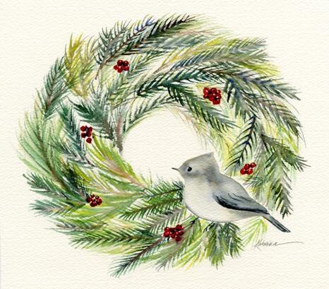Christmas Cards, Tufted Titmouse, Wreath, watercolor, set of ten cards, blank inside, eco friendly, recycled paper,