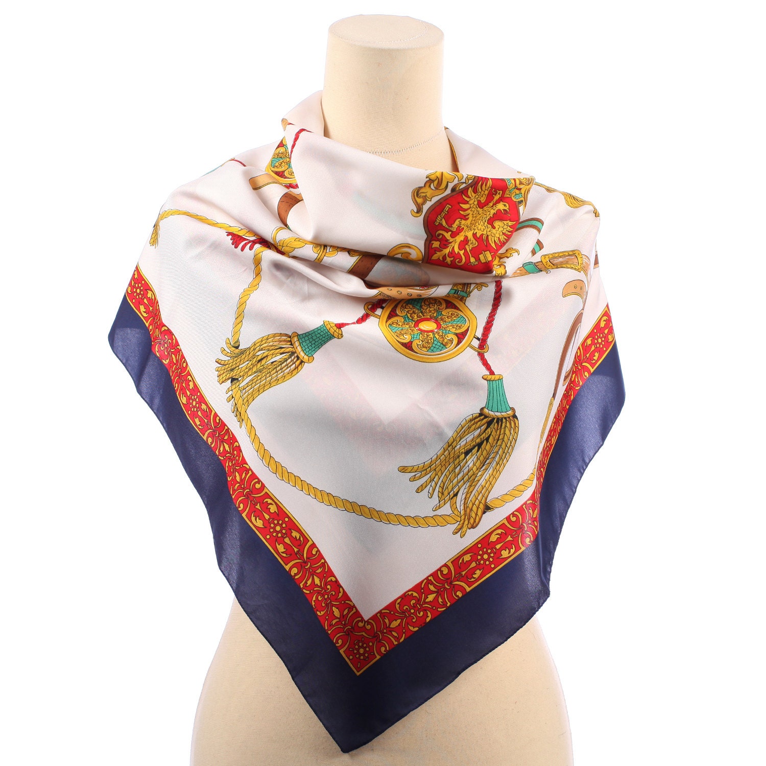 Vintage EQUESTRIAN Scarf . Bohemian Royal Print White Shawl Luxury ...