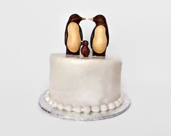 Wedding cake topper rustic handmade unique family  of 3 cake toppers wood animal penguin wood carving keepsake