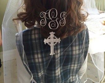 Temperance's monogrammed silk ribbon edged Communion veil