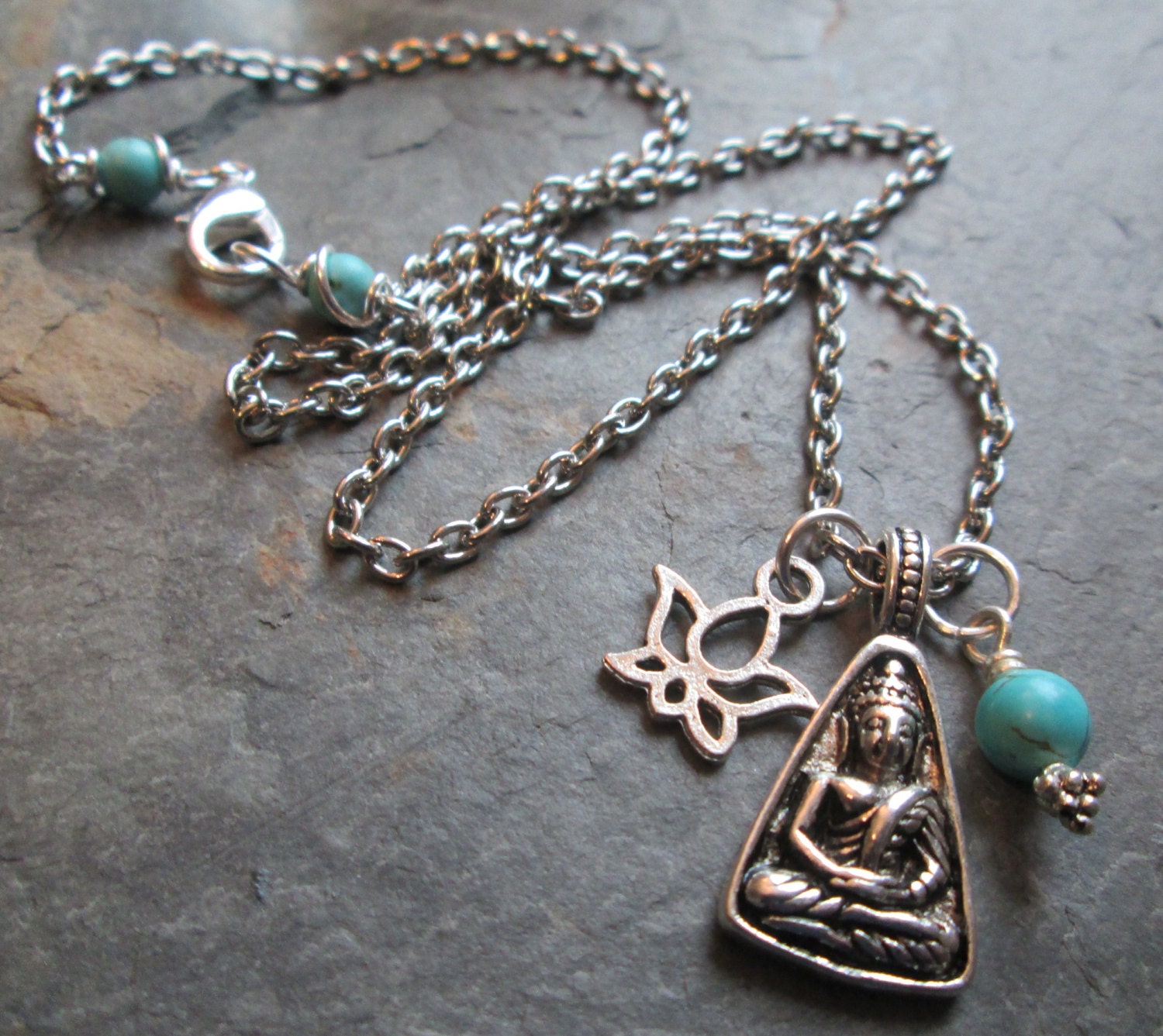 Buddha Charm Necklace with Lotus & Turquoise Magnesite