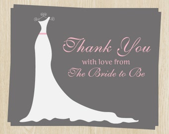 Bridal Shower Thank You Cards, Wedding, Dress, Gray, White, Pink, Set of 24 Printed Notes with Envelopes, FREE Ship, SIGOP, Simple Gown Pink