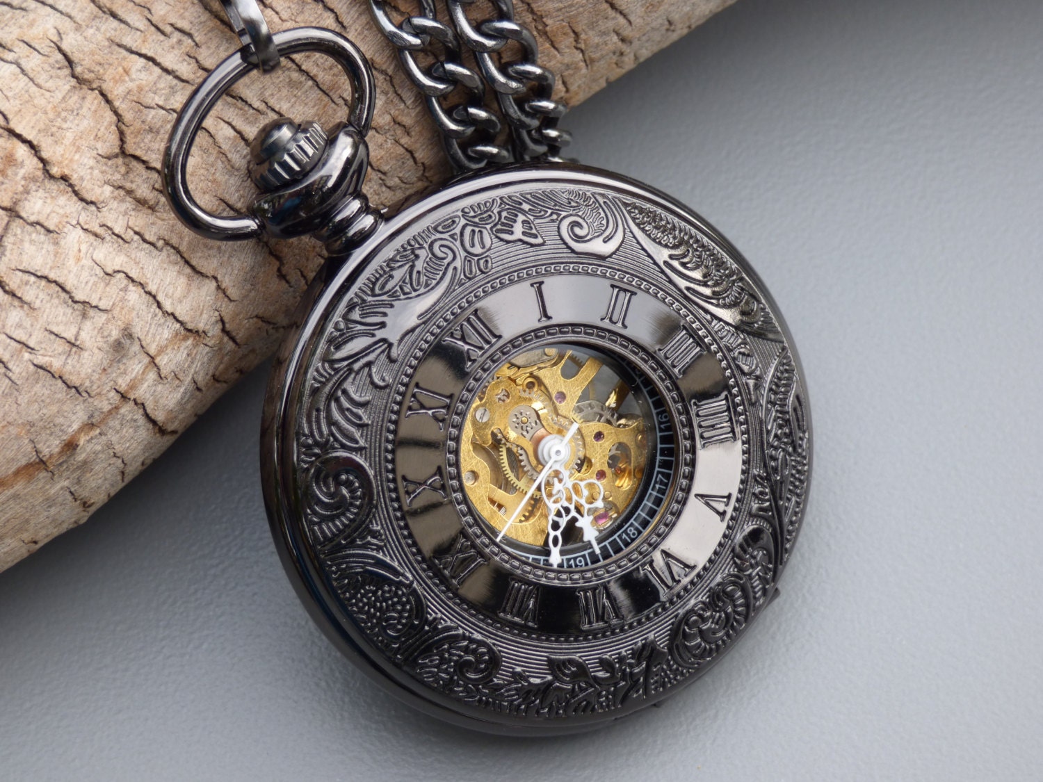 Black Mechanical Pocket Watch with Copper Roman numerals