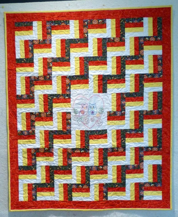 Owl hand embroidered wall hanging baby quilt