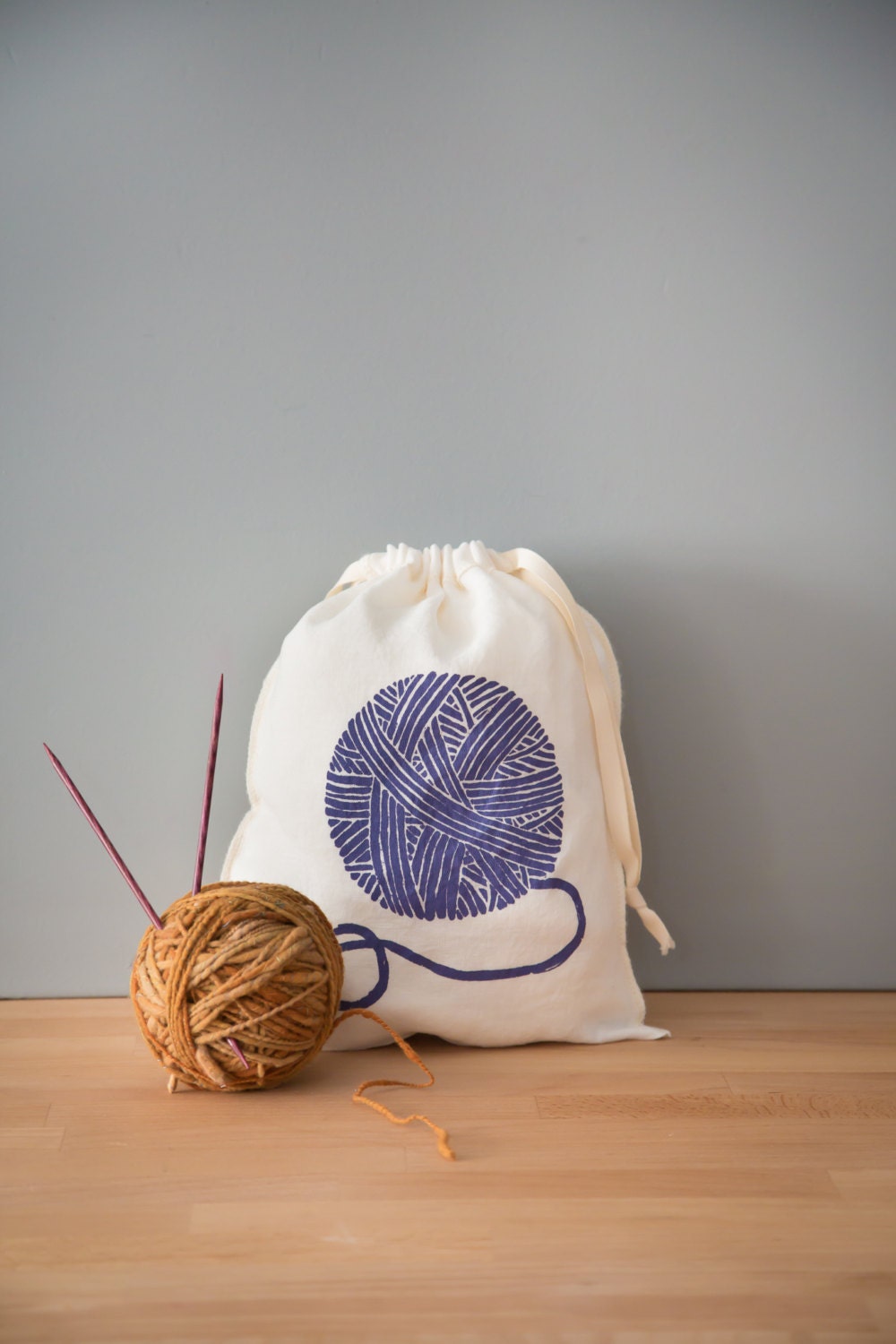 Knitting Project Bag Yarn Bag Organic Linen Drawstring Bag