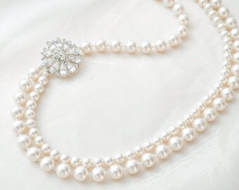 Brooch Bridal Necklace, Vintage Style Pearl Necklace, Pearl Wedding Necklace, Wedding Jewellery
