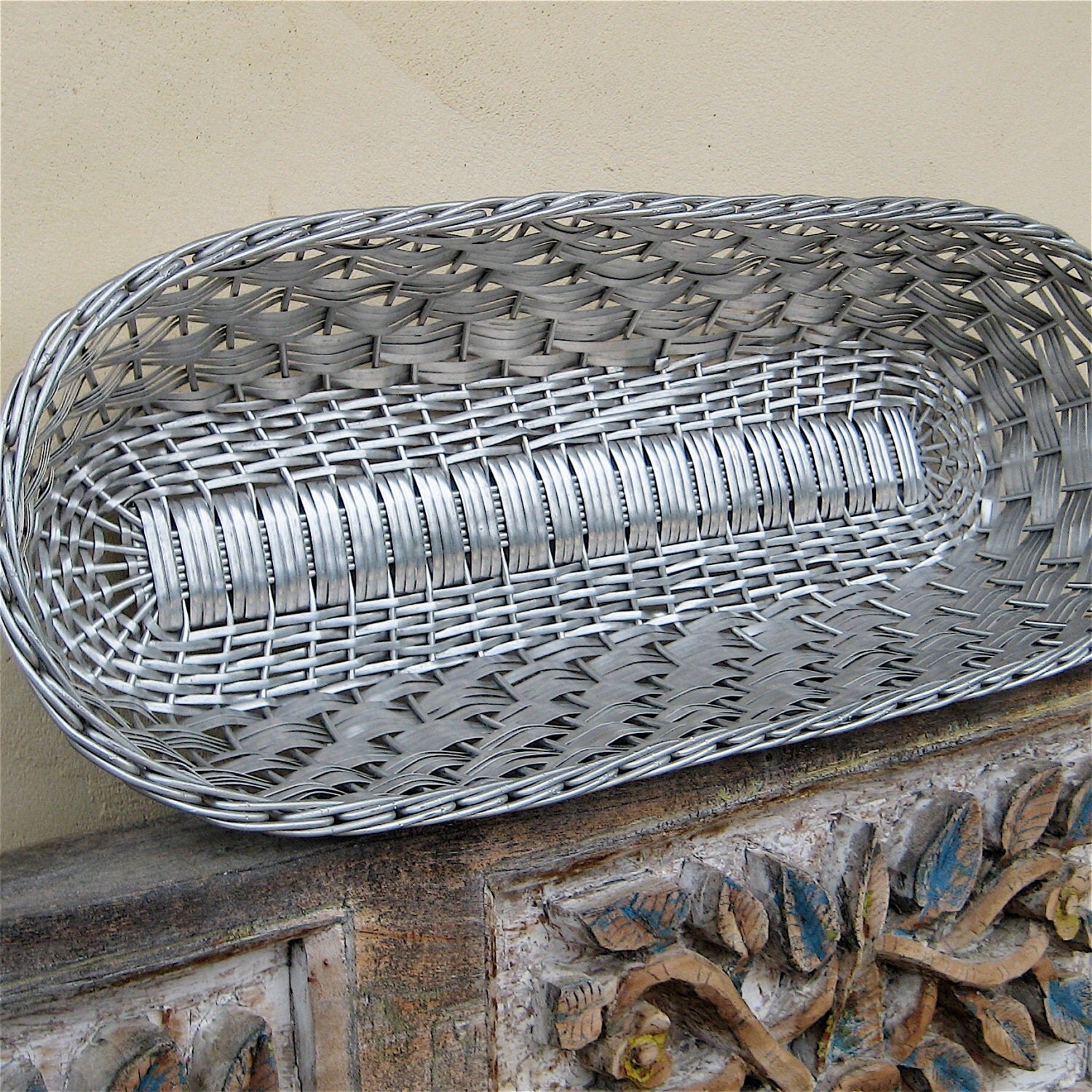 Vintage French Metal Basket Silver Woven Bread Basket