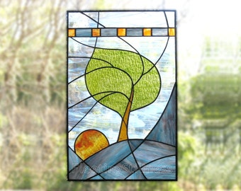 Stained Glass Panel Modern Blue Tree Stained Glass Window Panel CUSTOM MADE to ORDER - Windy Sunrise