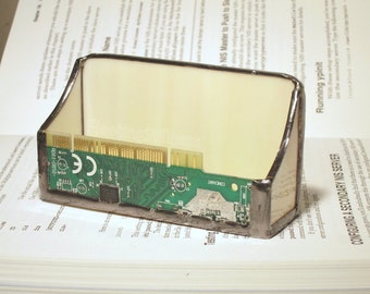 Business Card Holder Circuit Board Geekery Mens Stained Glass Handmade OOAK
