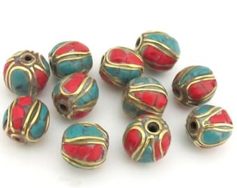 4 Beads - Nepal Brass beads with turquoise coral inlay - BD647