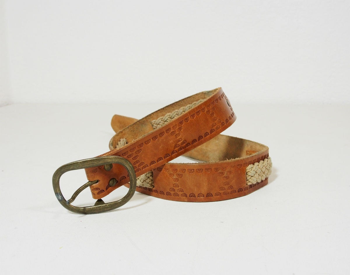 Vintage Western Tooled Leather And Rope Belt