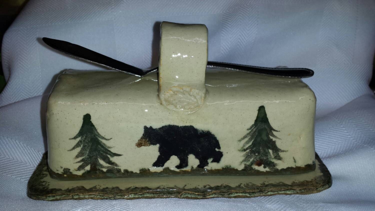 Black Bear and Pine trees Covered Butter Dish
