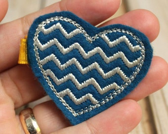 Blue Heart Chevron Hair Clip, Felt Hair Clippie, Machine Embroidered, Snap Clip, Non Slip, Ready to Ship