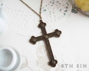 Antique Bronze Cross Necklace, Large Cross Necklace, Church Cross Necklace, Crucifix Necklace, Silver Rosary Necklace, Catholic Cross