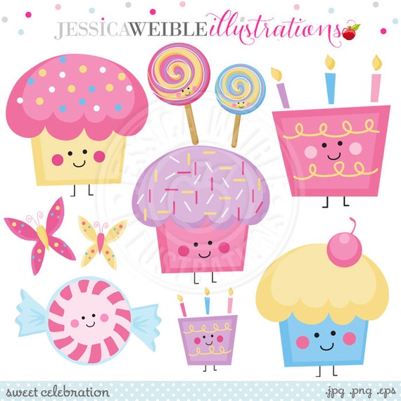 Sweet Celebration Cute Digital Clipart - Commercial Use OK - Cupcake Clipart, Cake Clipart, Birthday Clipart, Cute Cupcake Il_570xn