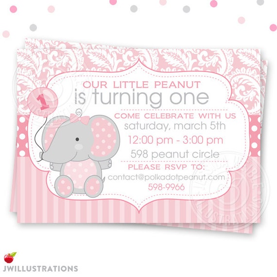 Pink Baby Elephant Printable Invitation - Baby Shower Invitation, Baby Birthday Invitation - 4x6 or 5x7 Custom Baby Elephant Invitation Il_570xn