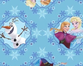 Sale - Disney's Frozen from Springs - Full or Half Yard Anna and Elsa Skating and Olaf toss on Blue with Snowflakes