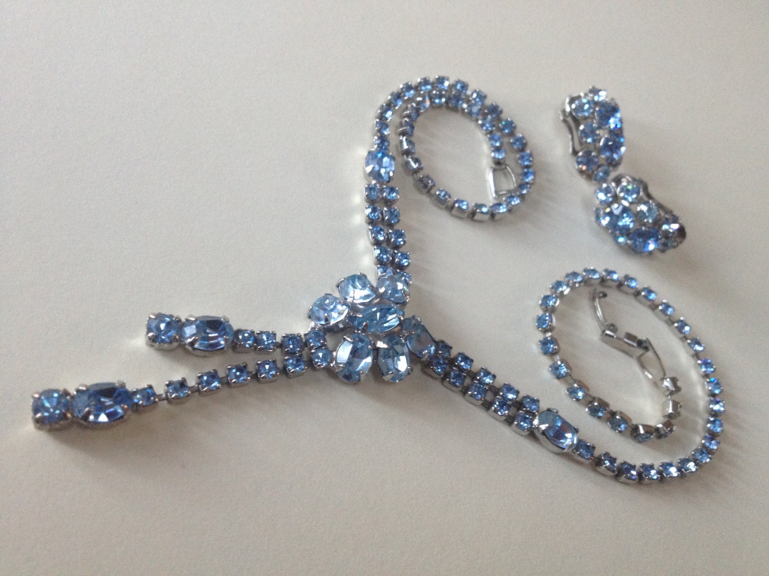 Blue Rhinestone Drippy Necklace Earring Set 1950s Jewelry