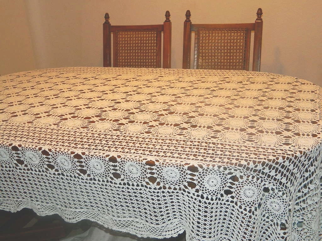 Vintage Hand Crocheted White Tablecloth Rectangle 104 x 72