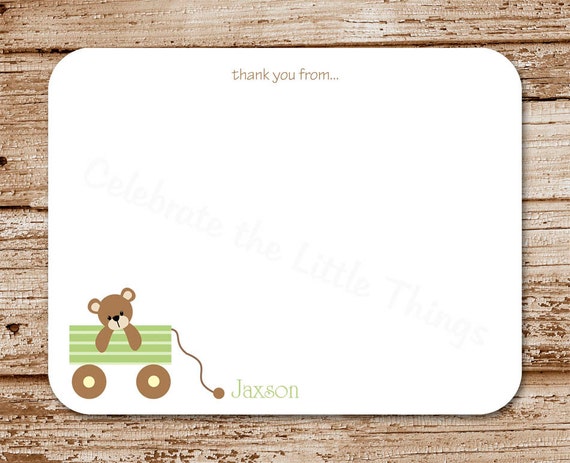 Set of 12 Baby Boy Thank You Cards - Teddy Bear Wagon Note Cards - Personalized Stationery - Flat Cards - Green Il_570xn