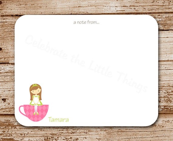 Set of 12 Tea Cup Girls Note Cards - Tea Party, Par-Tea Notecards - Stationery - Thank You - Flat Cards - Personalized Il_570xn